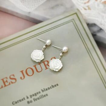 Kimberley Roses White Ivory Silver Pearl Ball Drop Flower Earrings, 3 of 5