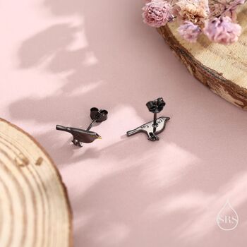 Sterling Silver British Black Bird With Yellow Beak Stud Earrings, 6 of 12