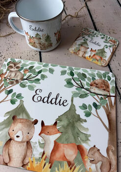 Kids Personalised Woodland Placemat, Coaster And Mug Dinner Set, 4 of 7