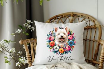 Personalised West Highland Terrier Summer Floral Dog Wreath Cushion And Mug Bundle, 4 of 4