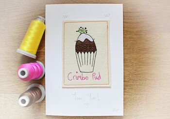 Personalised, Embroidered Crimbo Pud Card, 2 of 2