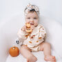 Girls Pumpkin Halloween Romper And Pumpkin Bow, thumbnail 1 of 3