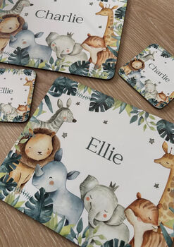 Kids Personalised Safari Theme Placemat, Coaster And Mug Dinner Set, 3 of 5