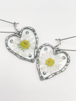 Heart Earrings With Daisy Flowers And Silver Beads, 5 of 10