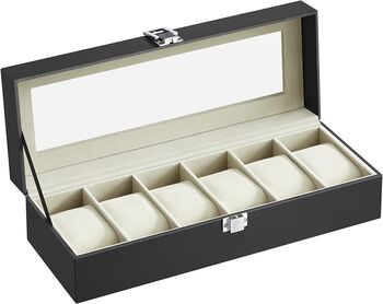 Six Slots Black Watch Box Case With Glass Lid, 6 of 7