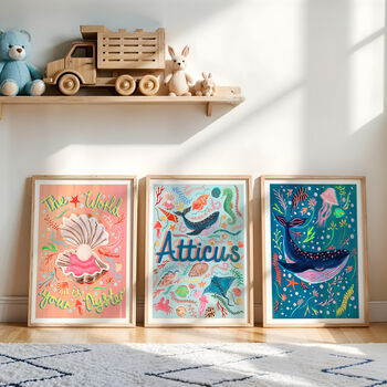 Personalised Blue Sea Life Name Print | Under The Sea Nursery Wall Art | Ocean Baby Gift, 2 of 7