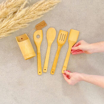 Bamboo Wood Kitchen Utensil Set With Holder, 7 of 8