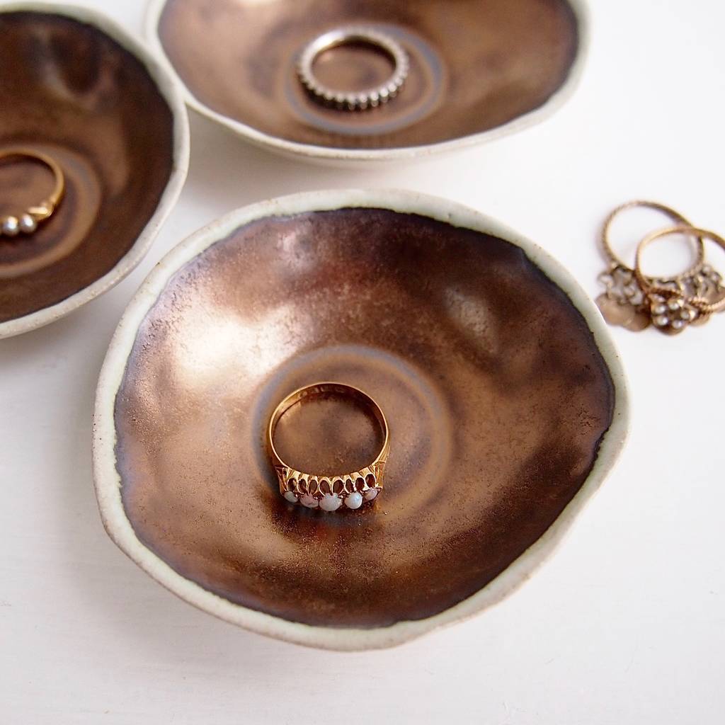 handmade mini gold ceramic pottery ring dish by