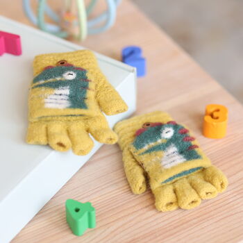 Kids’ 'DinoRex' Flip Over Mitten Cap Gloves – Soft Fuzzy Yarn Knit, 3 of 12