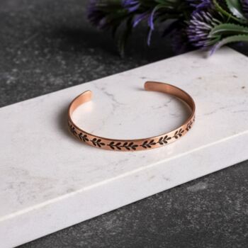 Engraved Leaf Pattern Solid Copper Cuff Bracelet, 3 of 5
