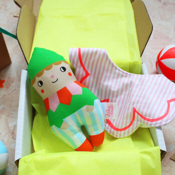 Christmas Elf Bib And Rattle Baby Gift Set, 3 of 12