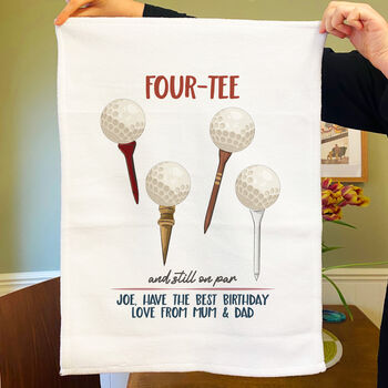 Personalised Four Tee Tea Towel 40th Birthday Gift For Golfers, 3 of 7