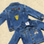 Kids Personalised Denim Jacket Classic Rainbow Letters, thumbnail 2 of 5