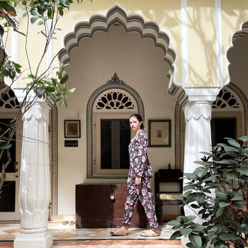 Black And Pink Block Print Floral 100% Cotton Ladies Pyjamas, 2 of 8