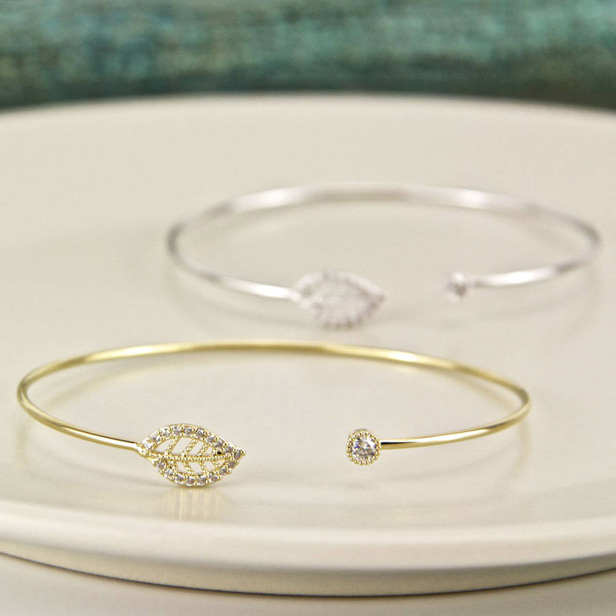 Delicate Pave Leaf Open Cuff Bangle By Gaamaa