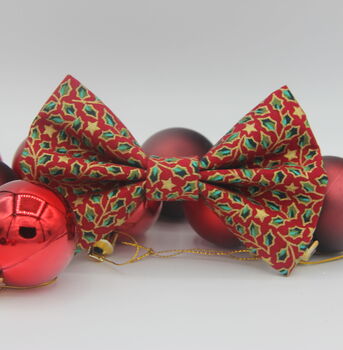 Red And Gold Holly Christmas Dog Bow Tie, 3 of 12