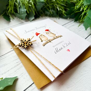Mum And Dad Robin Christmas Card. Customisable, 2 of 5