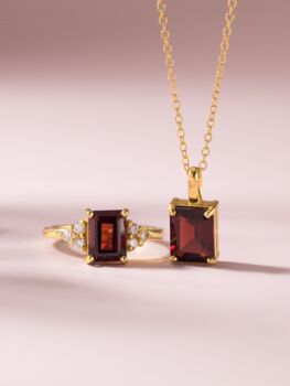 Garnet Emerald Cut Pendant Necklace In Sterling Silver And Gold, 3 of 11