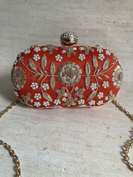 Orange Raw Silk Oval Pearl Clutch Bag, 4 of 10