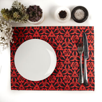 Red Orange Grey Hand Printed Canvas Place Mat Set, 6 of 12