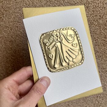 Handmade Personalised Bride And Groom Gold Wedding Card, 4 of 4