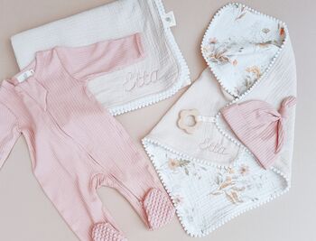 Personalised New Baby Gift Set, Handmade Newborn Blanket And Comforter With Wooden Teether, 3 of 6