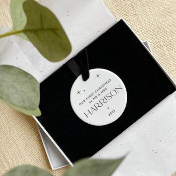 First Christmas As Mr And Mrs Personalised Ceramic Bauble, 6 of 8