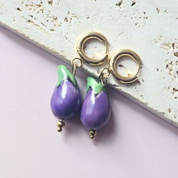 Ceramic Aubergine Earrings With 18ct Gold Plated Huggie Hoops, 4 of 6