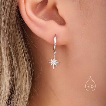 Sterling Silver Starburst Huggie Hoop Earrings, 2 of 11