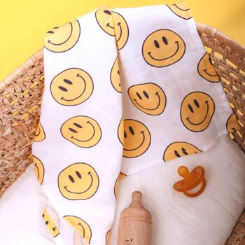 Muslin Swaddle Baby Shower Blanket Smiley, 5 of 9