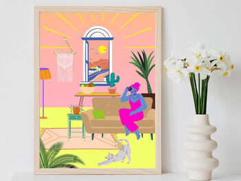 Colourful Living Room Sunset Print With Cat, 2 of 3