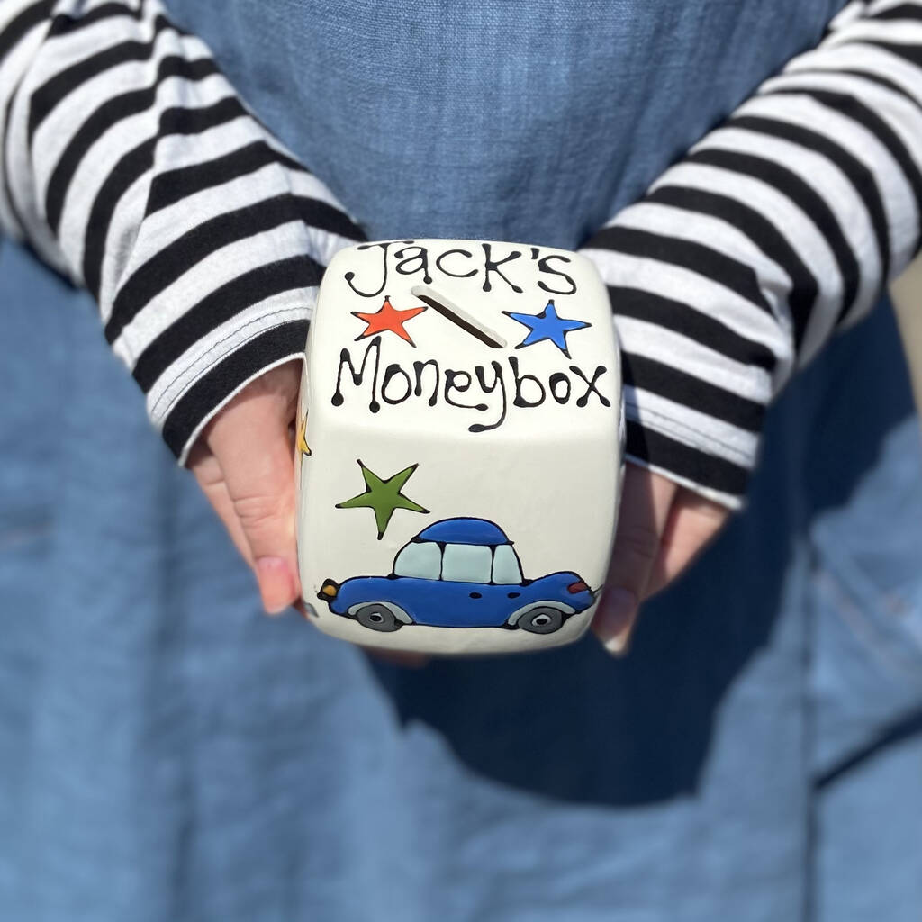 Personalised Children’s Car Theme Cube Money Box, 1 of 5