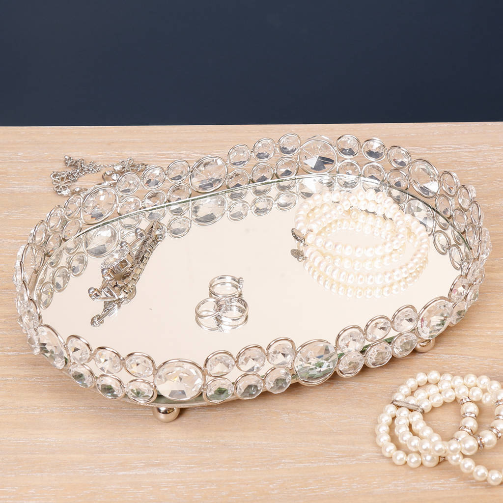 Traditional Vintage Jewelled Oval Mirror Tray Gift By Dibor