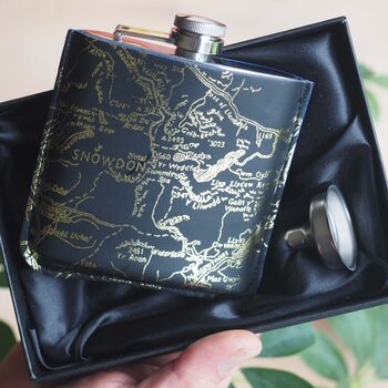 Pesonalised Map Of Snowdonia Hip Flask In A Gift Box, 3 of 6