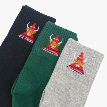 Women's Highland Cow Embroiderd Cotton Ankle Socks Three Pack, 2 of 5
