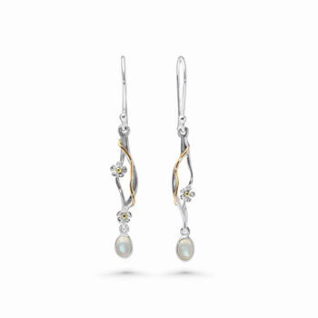 Sterling Silver Floral Drop Dainty Moonstone Earrings, 4 of 6