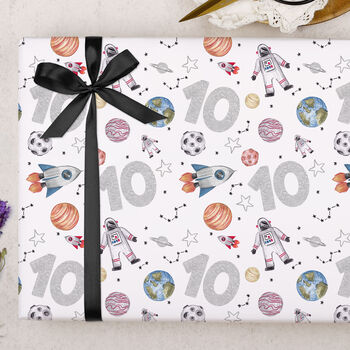 Three Sheets Of Children's 10th Birthday Space Wrapping Paper, 2 of 2