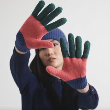 Miss Pompom Navy Colourblock Wool Gloves, 4 of 4