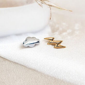 Tiny Sterling Silver Mismatched Lightning And Cloud Stud Earrings, 2 of 6
