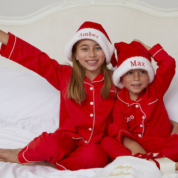 Personalised Matching Red Cotton Christmas Classic Pyjama Mum Child, 6 of 9