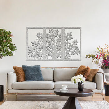 Modern Metal Tree Triptych Wall Art Panel Set For Living Room Or Hallway Decor, 10 of 11