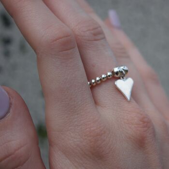 Sterling Silver Ball Bead Ring With Heart Charm, 3 of 6