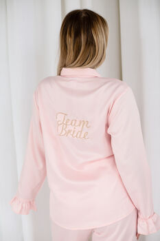 Embroidered 'Team Bride' Satin Button Through Pyjamas, 9 of 12