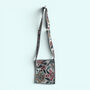 Mini Cross Body Bag | Grey With Turquoise And Red Block Print Floral, thumbnail 2 of 5