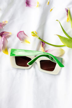 Green Exaggerated Narrow Cat Eye Bevelled Sunglasses, 3 of 9