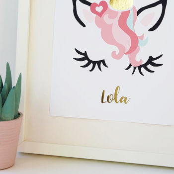 gold foil personalised unicorn print by sweetlove press