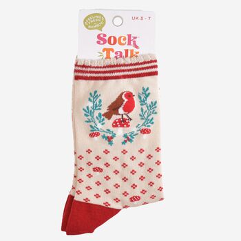 Women's Bamboo Socks Red Robin Christmas Wreath, 5 of 5