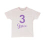 Scroll Script Personalised Birthday Kids T Shirt, thumbnail 2 of 3