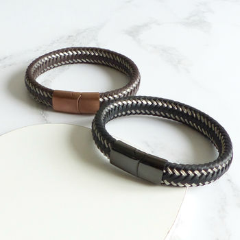 Mens Woven Leather Steel Bracelet, 6 of 6