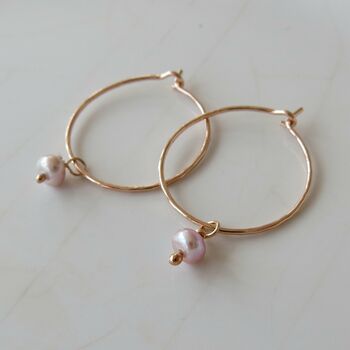 Rose Gold Fill Hoops With Pink Pearl, 3 of 5